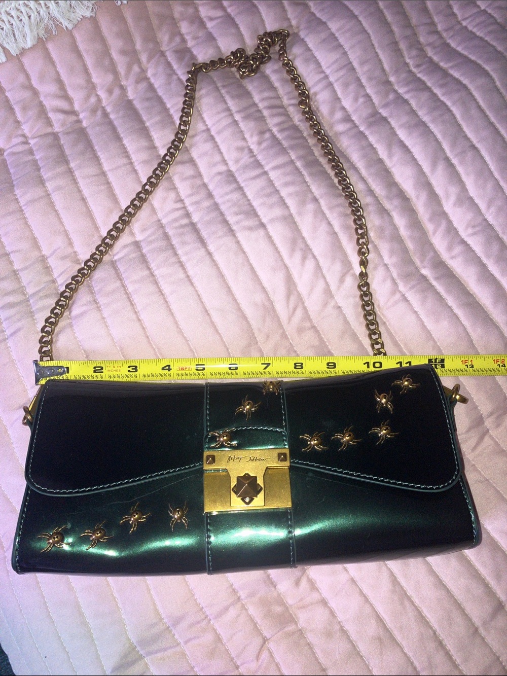 Betsey Johnson dark green spider stud chain purse eyes + hearts inside RARE EUC - Picture 14 of 16